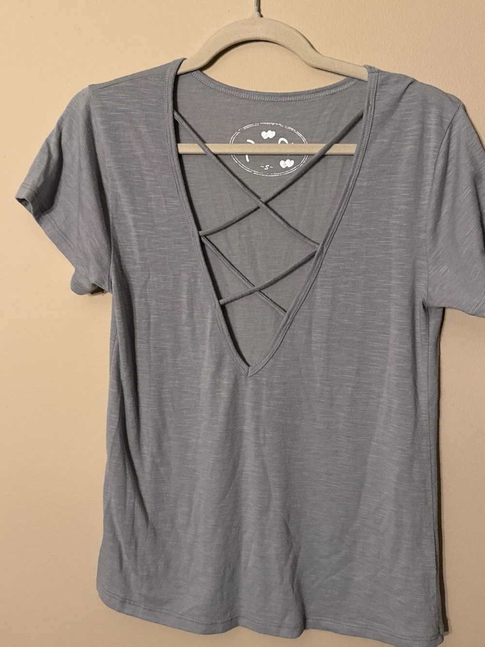 Poof! Light Gray Crisscross V-Neck Short Sleeve Top